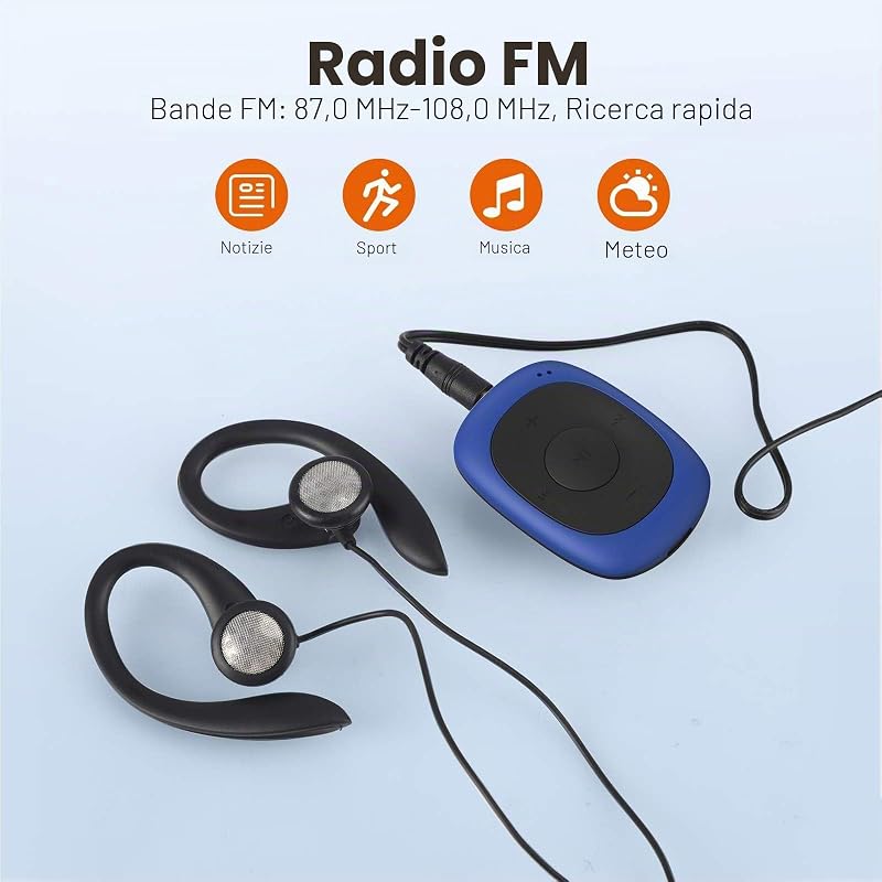 MP3 player cu clips AGPTEK cu radio FM, player muzical portabil cu husă din silicon, MP3 WMA WAV, 8 GB, albastru
