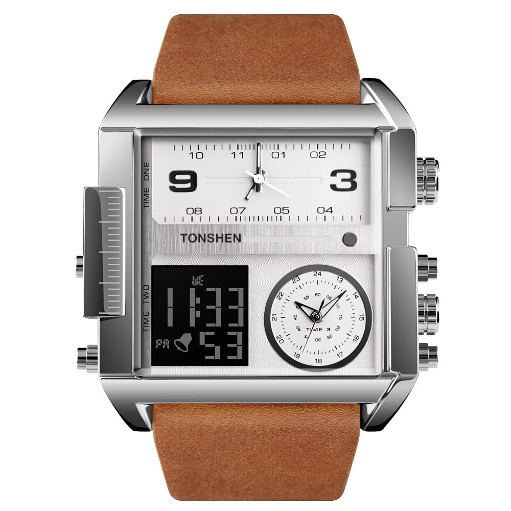 TONSHEN Uomo Fashion Acciaio Inossidabile Digitale Orologi da Polso e Pelle Cinturino Multifunzione LED Elettronico Outdoor Militare Sportivo Orologio Tre Tempo Stile Casual