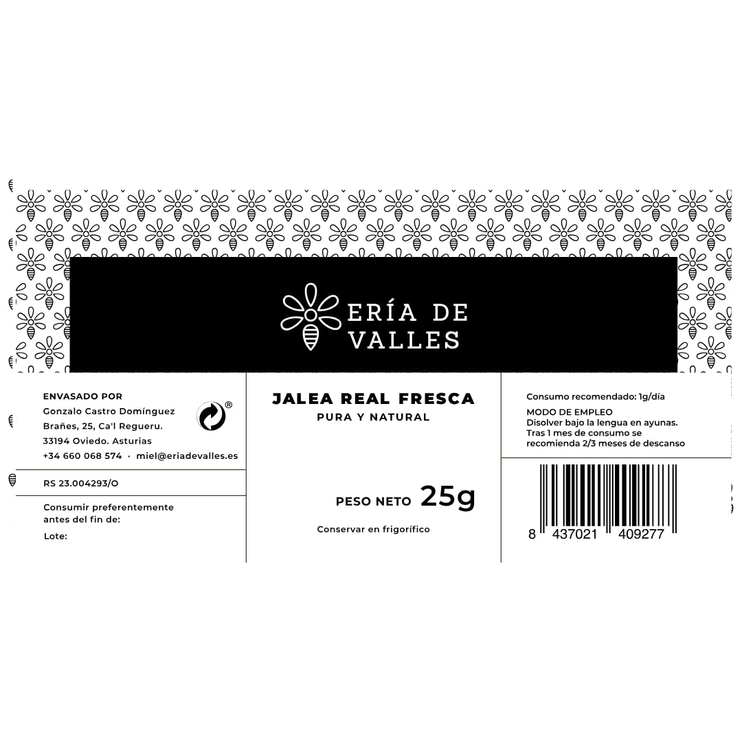 Eria de Valles Gelée Royale frisch, 100 % natürlich, 25 g, rein, ohne Konservierungsstoffe und in Kühlbox, mit Messlöffel, Energie und Vitalität, täglicher Verzehr, im Kühlschrank aufbewahren