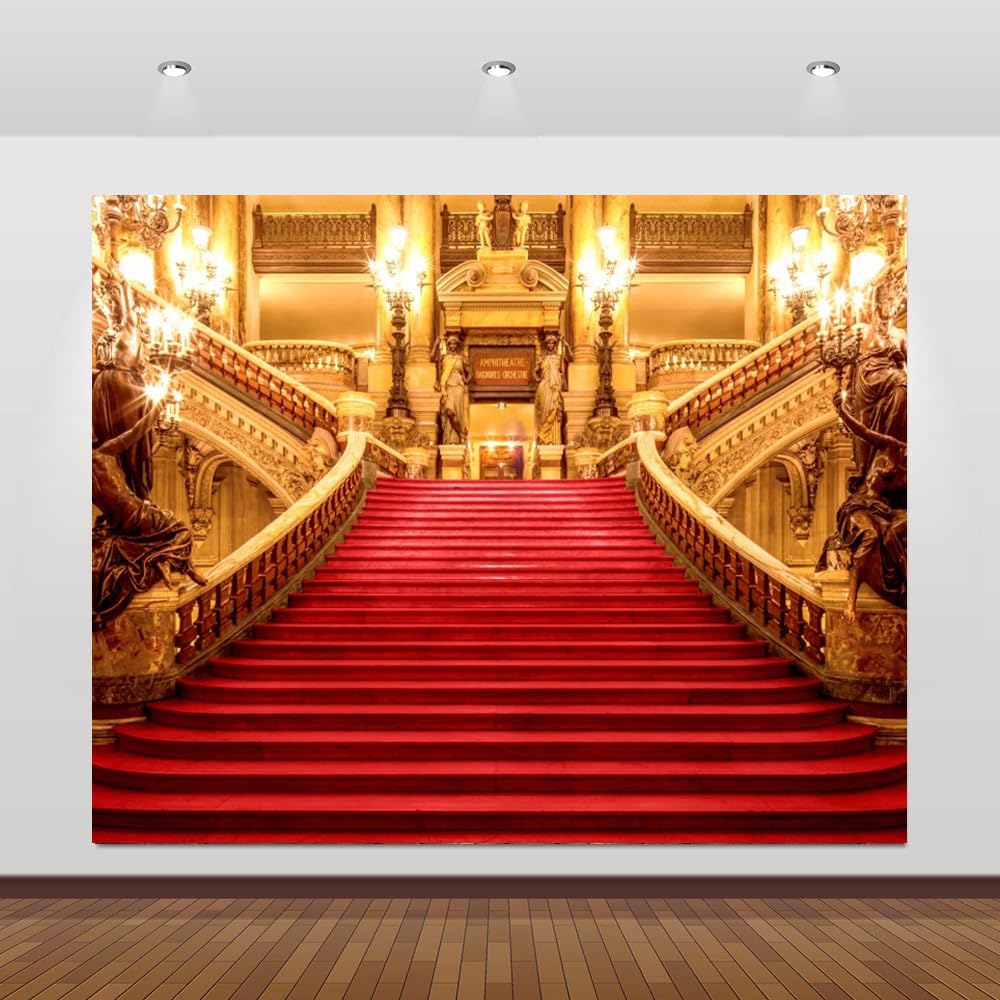 Golden Palace Fondale 3 x 2,4 m Tappeto Rosso Castello Elegante Fondale per Fotografia di Lusso Night Stage Prom Tappeto Rosso Scale Matrimonio Compleanno Cerimonia Festa Sfondo Photo Booth