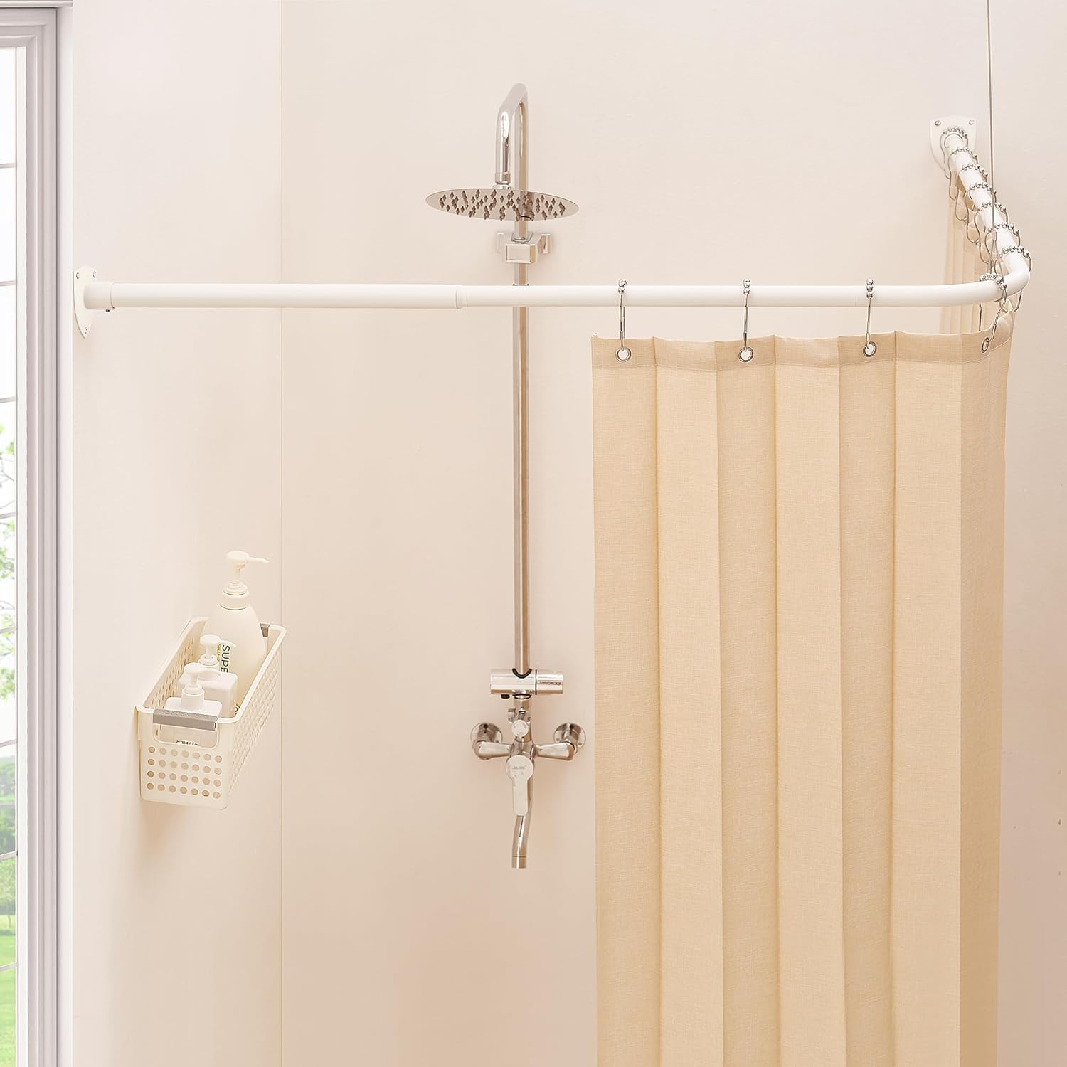 Shower Curtain Pole, L Shaped Shower Curtain Rail, Extendable Shower Curtain Rod for Bathroom, Clothing Store, 304 Stainless with 12 Ring Hooks & Ceiling Support (White, 100-175cm x 140-214cm)