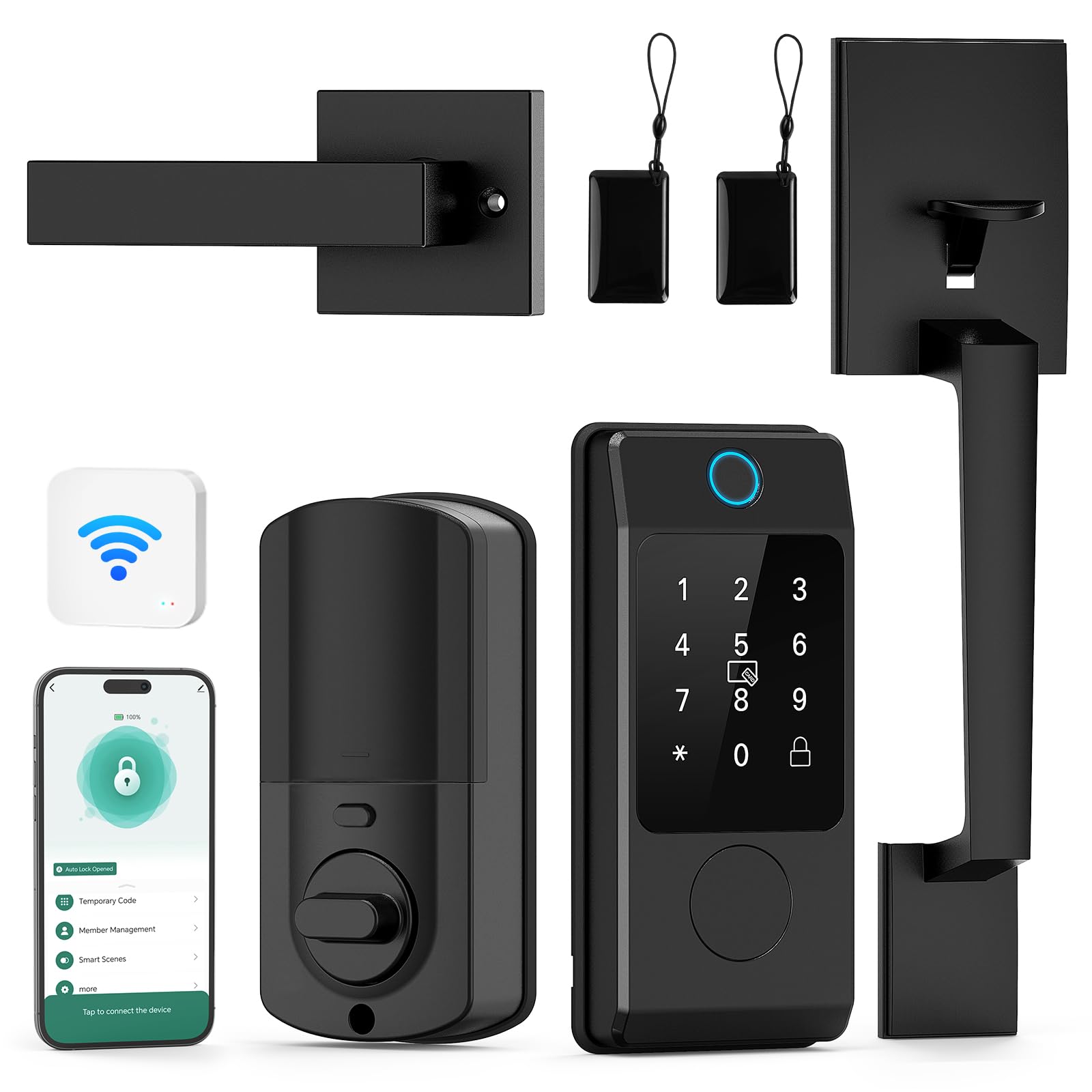 WiFi Front Door Lock Set - Miuedo Keyless Entry Smart Locks Handle Set, Fingerprint Smart Alexa Lock - Smart Deadbolt Lock with Handle Latch - WiFi Access Bluetooth APP-Black