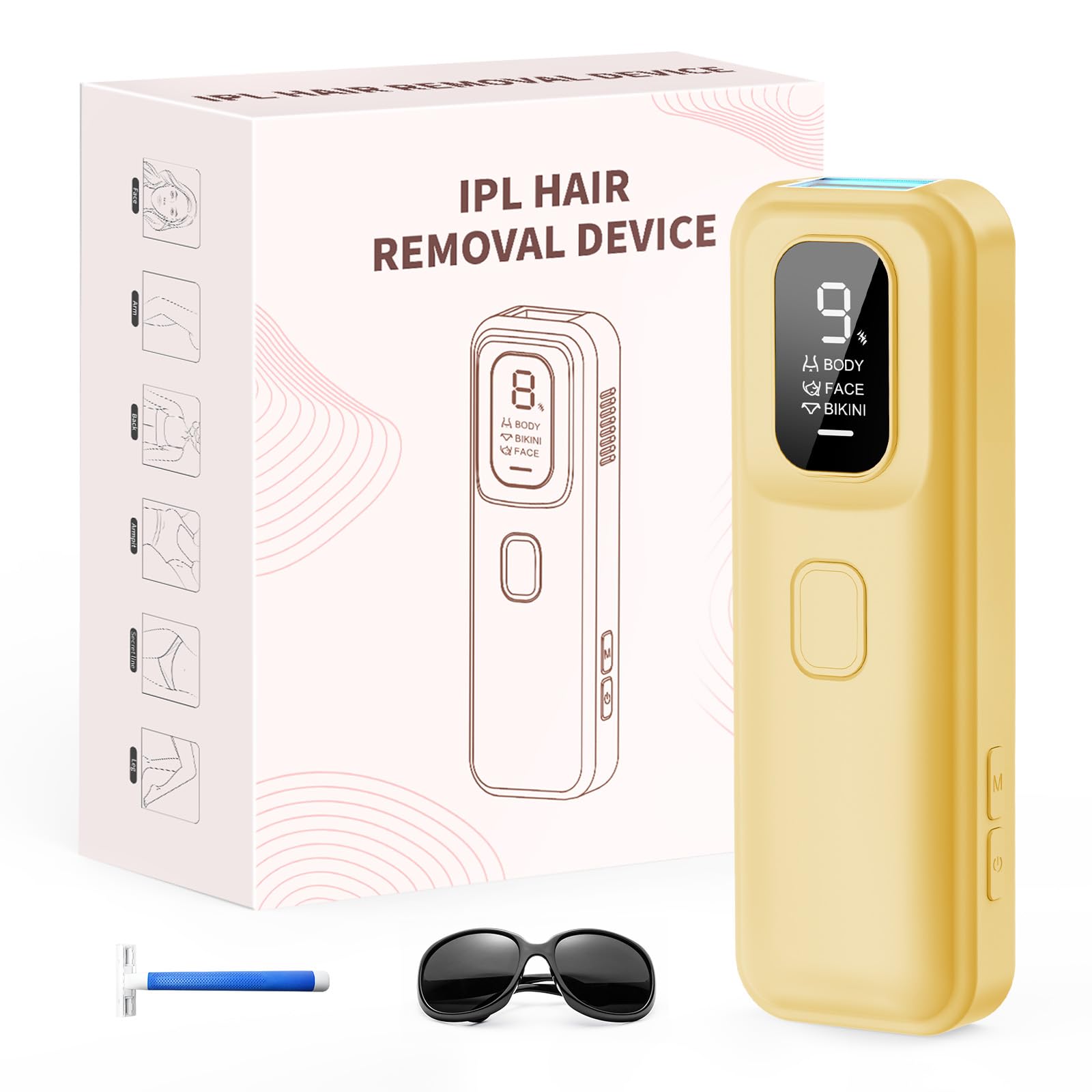 IPL Laser Hair Removal Device Painless Home Hair Removal 9 Intelligent Energy Levels for Men Women 999,900 Light Pulses for Body, Bikini Area - Tanned