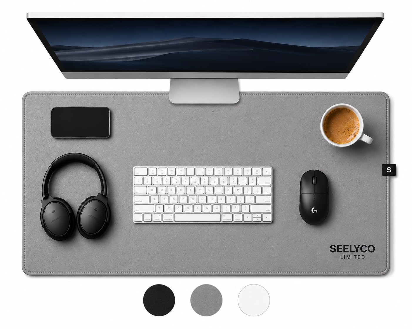 SEELYCO Vegan Leather Desk Mat - Large Desk Pad with Non-Slip Suede Base, Waterproof Desk Protector Mat for Keyboard, Mouse & Laptop Workspace - 80x40cm (Slate Grey)