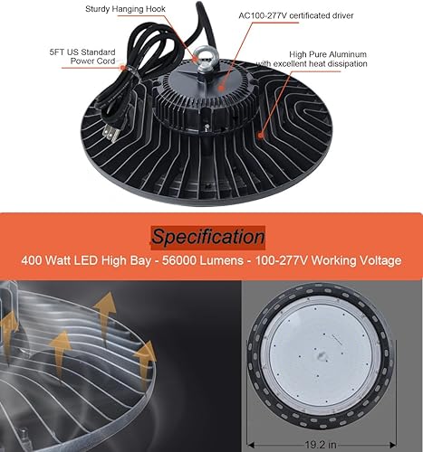 Miniatura 4 de Luz LED UFO de 400 W, 56,000 lm con enchufe de EE. UU., luz LED de alta bahía de 5000 K 100-277 V para almacén, taller, fábrica, gimnasio, garaje,
