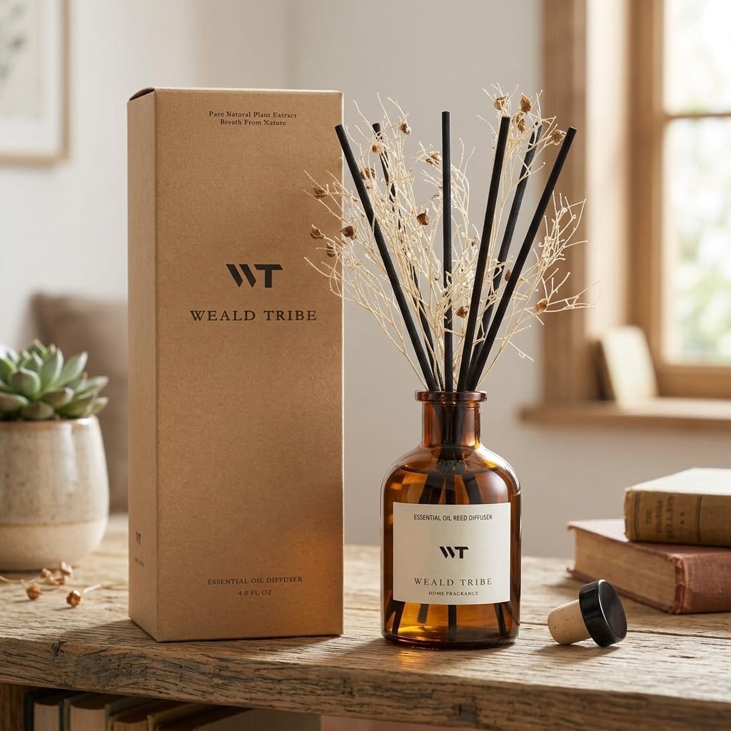 WEALD TRIBE Flower Reed Diffuser Set Clean White Linen Scent for Bathroom Air Fresheners | 4.0 fl oz Essential Oils with Sticks Home Fragrance Defusers | House Bedroom Office Shelf Decor & Gift