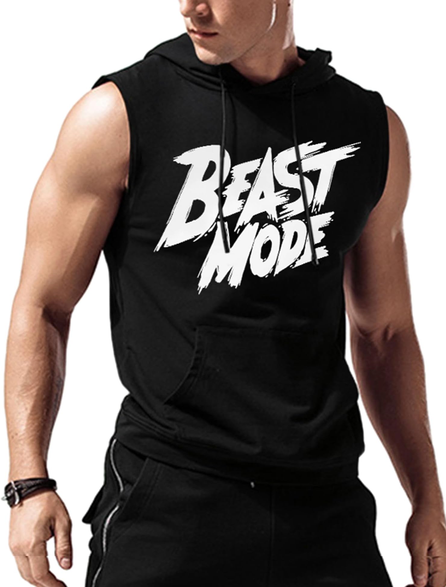 Amussiar Men's Workout Hooded Tank Tops Sleeveless Gym Training Hoodies Bodybuilding Muscle Cut Off T Shirt