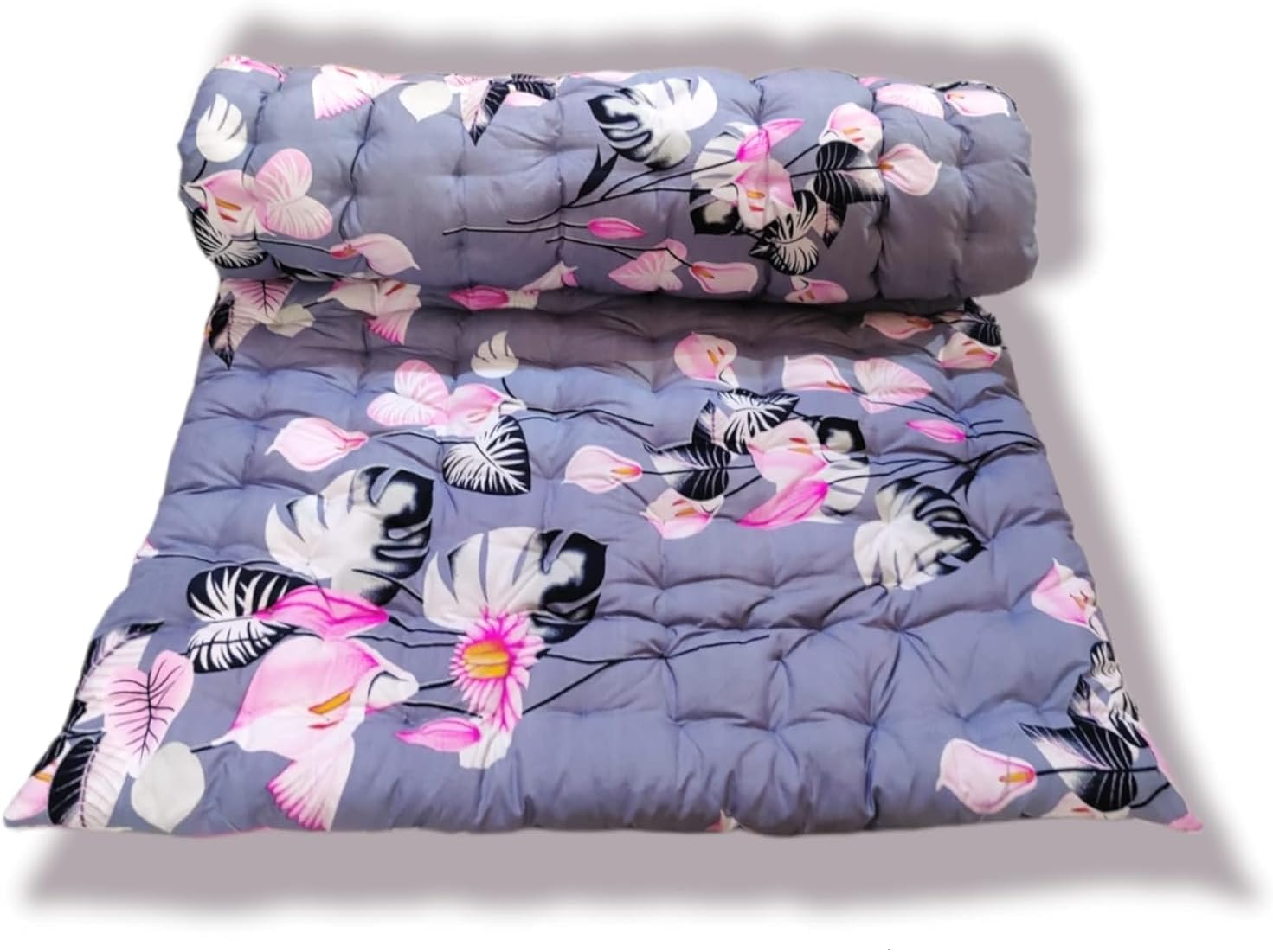 Soft Cotton Mattress Foldable Light Weight Filled Single Firm Mattress| Gadda (3D Design Printed, 1 Sleeping Capacity, 3 x 6 ft or 72 x 36 Inches) (Grey Floral Cotton Mattress (B))