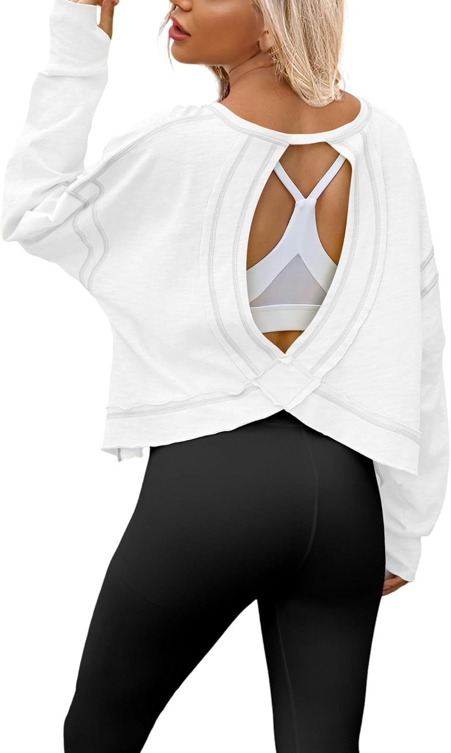 Magritta Womens Open Back Workout Top Loose Fit Boat Neck Athletic Shirts Casual Backless Crop Running Tee Y2k Yoga - Image 3