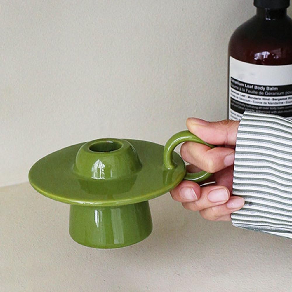 Świeczniki Kolorowy ceramiczny świecznik z uchwytem i podstawą na świecę do kolacji przy świecach, wystrój domu(Green)