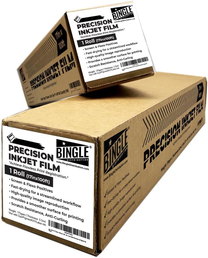 BINGLE 5 MIL - Waterproof Screen Printing Inkjet Films Transparency Postitive for EPSON HP Canon (Water-Based-dye and Pigment Ink) Printers Rolls & Pre-cut Sheets (17""x100' Roll)