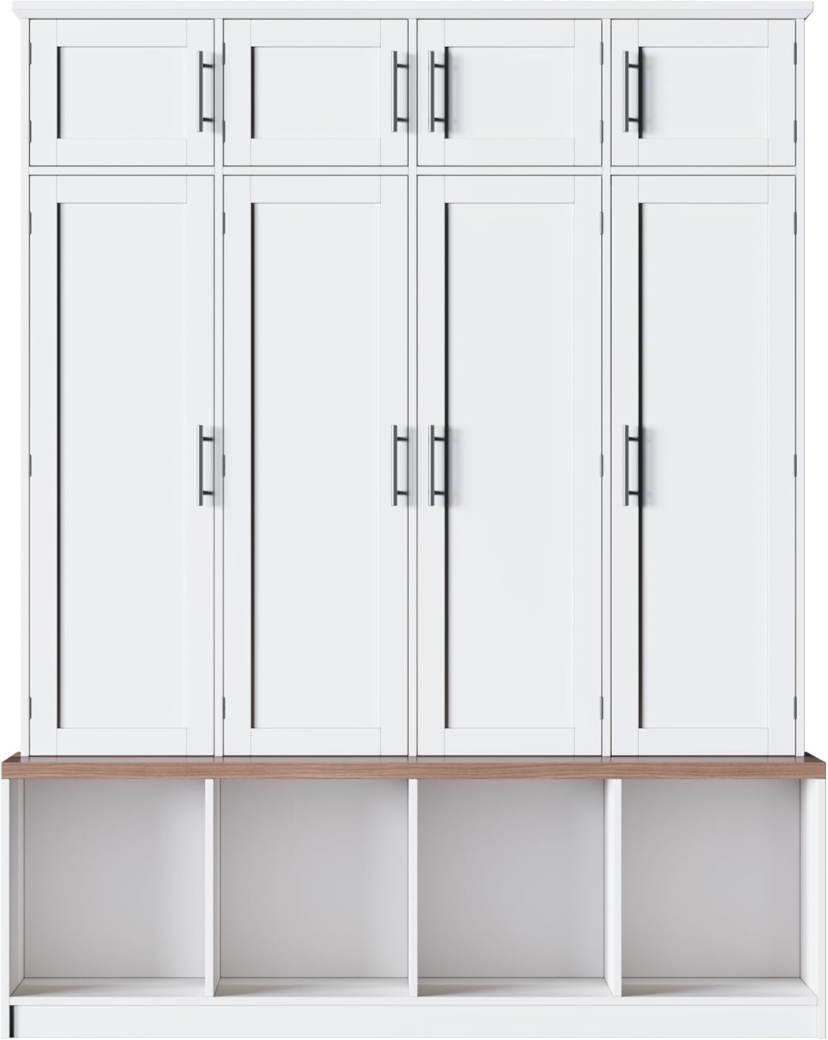 Hall Tree with Entryway Bench and Shoe Cabinet, Multi-Functional Seating Bench with 4 Hanging Hooks and 8 Doors, White