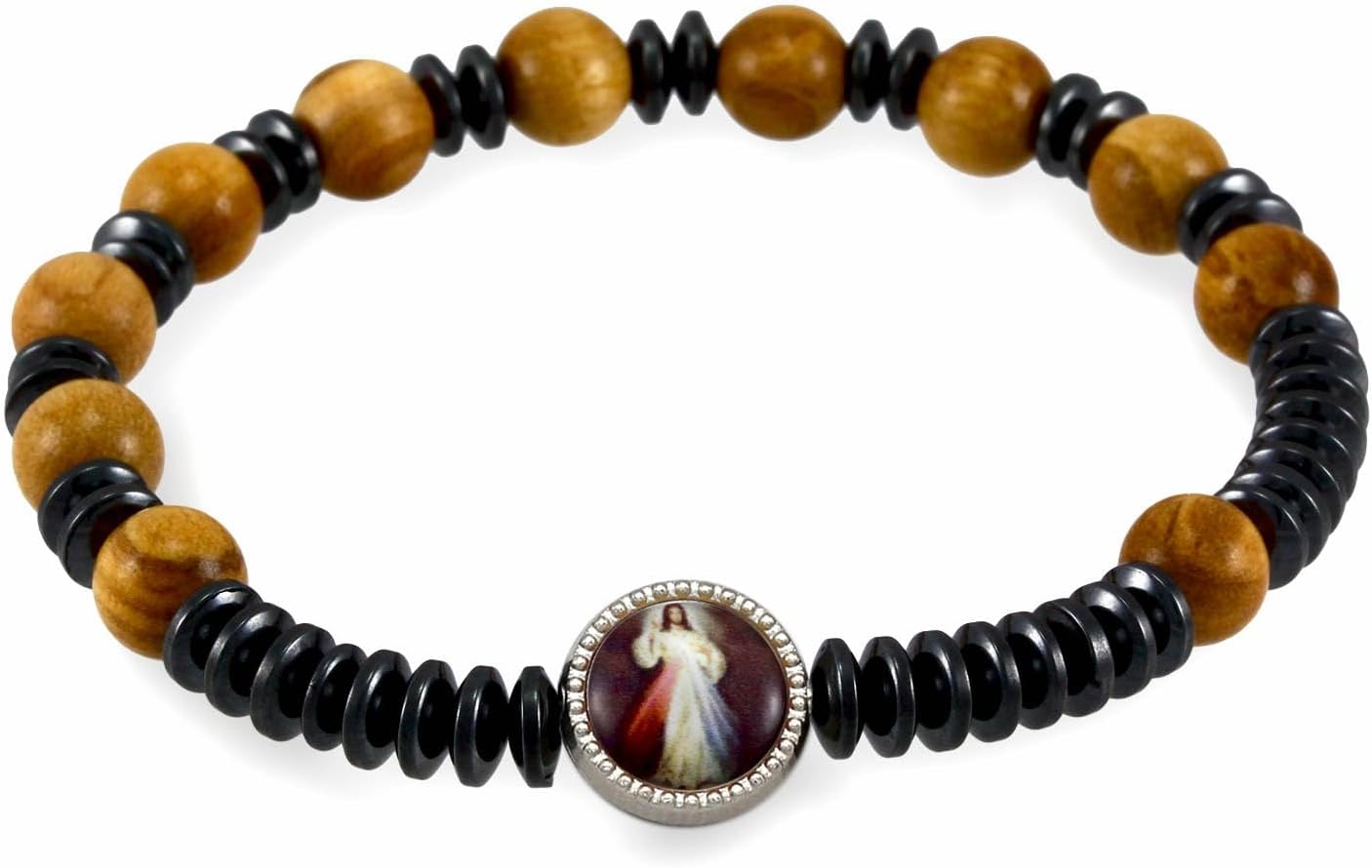 Rosary Bracelet Olive Wood and Hematite Beads Divine Mercy Medallion for Men and Women