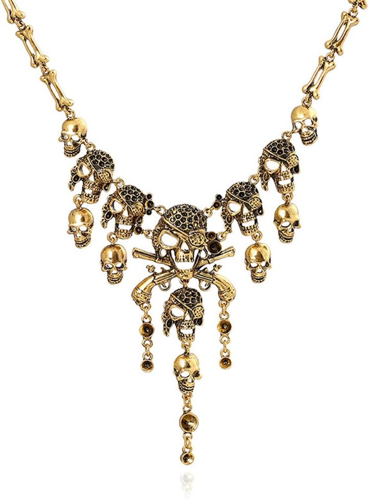 LZHLQ Jewelry Fashion Multi-Level Pirate Skull Tassel Charm Necklace Collar Bib for Women Horror Necklace Punk