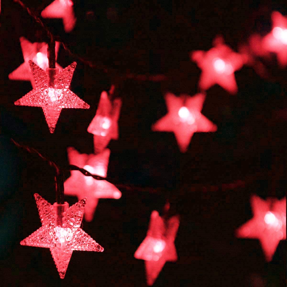 Guirnalda de luces de estrella, 5 m, 50 LED, para interiores, guirnalda de luces de estrella parpadeante, USB (rojo)