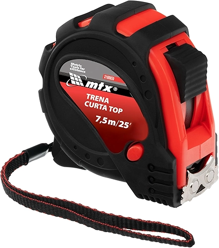 MTX Trena Curta 7,5m x 25mm – Fita Métrica Profissional com Estojo em Plástico Resistente e 3 Pontos de Fixação
