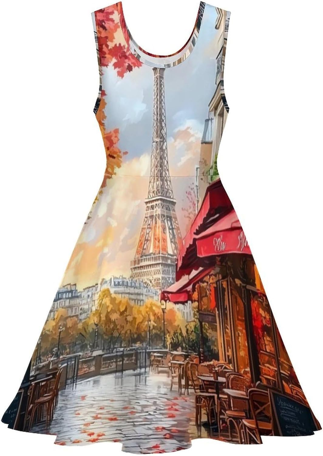 Eiffel Tower Cityscape Women's Dresses Round Neck Dress Sleeveless Tank Dress Ruffle Hem Sundress