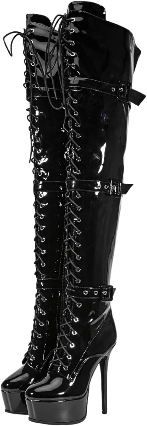 Women's Sexy Thigh High Heels Cross Lace Up Over Knee Platform Boots Unisex Round Head Plus Size