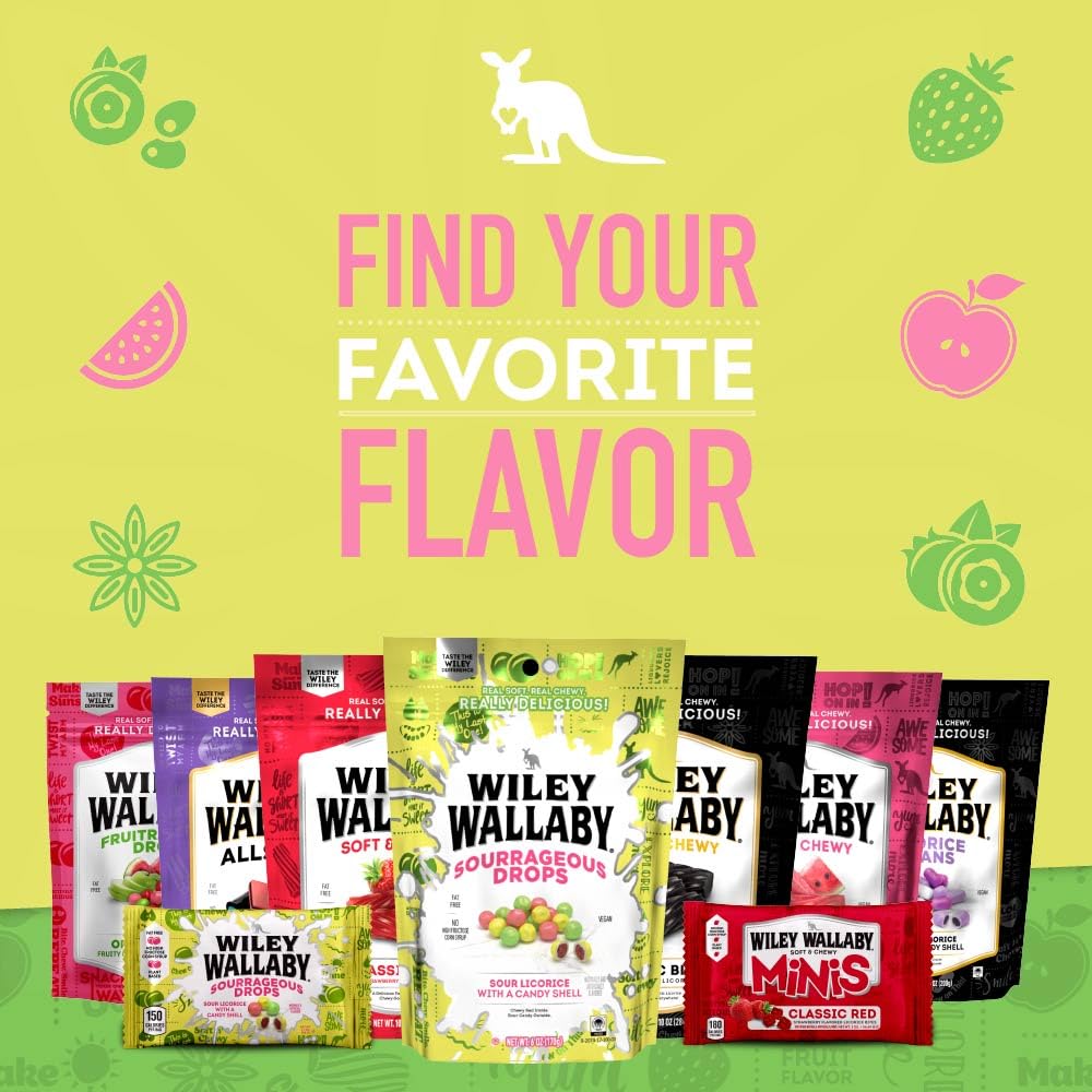Wiley Wallaby Sourrageous Licorice Bites 1.7 Ounce Gourmet Licorice Candy Mini Bags, 18 Pack