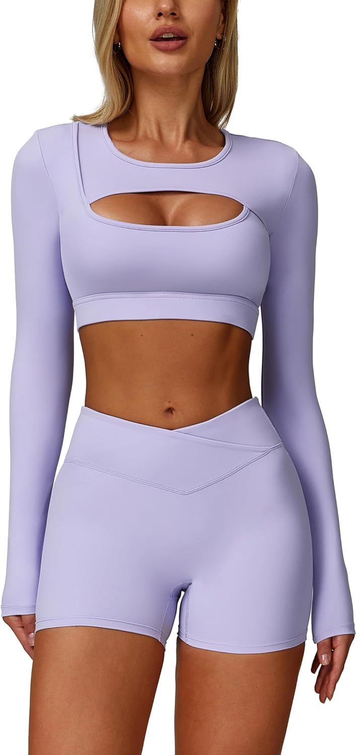 Workout Sets for Women 2 Piece Long Sleeve Cutout Crop Top and High Waisted Shorts Gym Athletic Jogger Sets