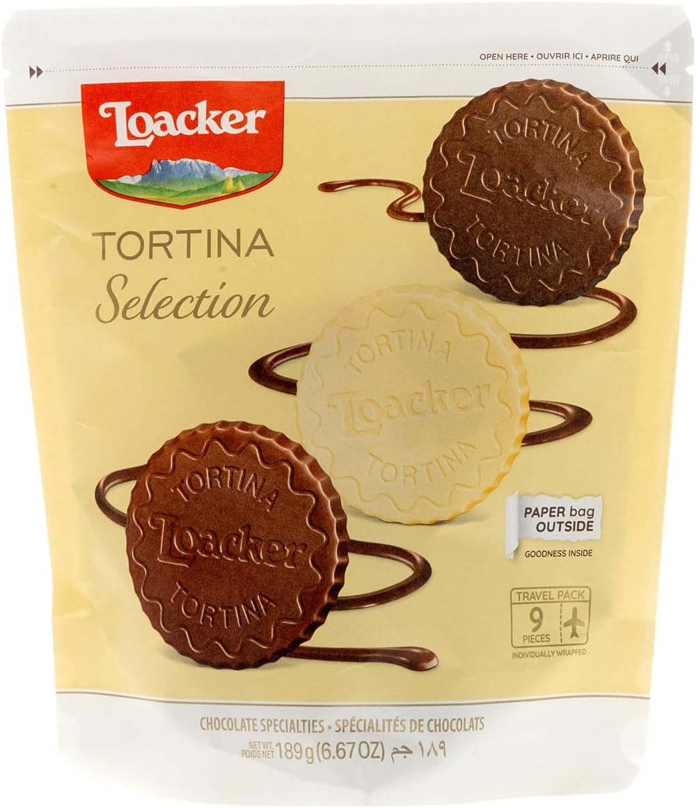 Loacker, Tortina Selection, Tortina di Cioccolato con Crema alla Nocciola e al Cacao e Cialde Wafer, Pratica Confezione Apri e Chiudi, Merenda e Snack, Travel Pack da 9 Biscotti Monoporzione