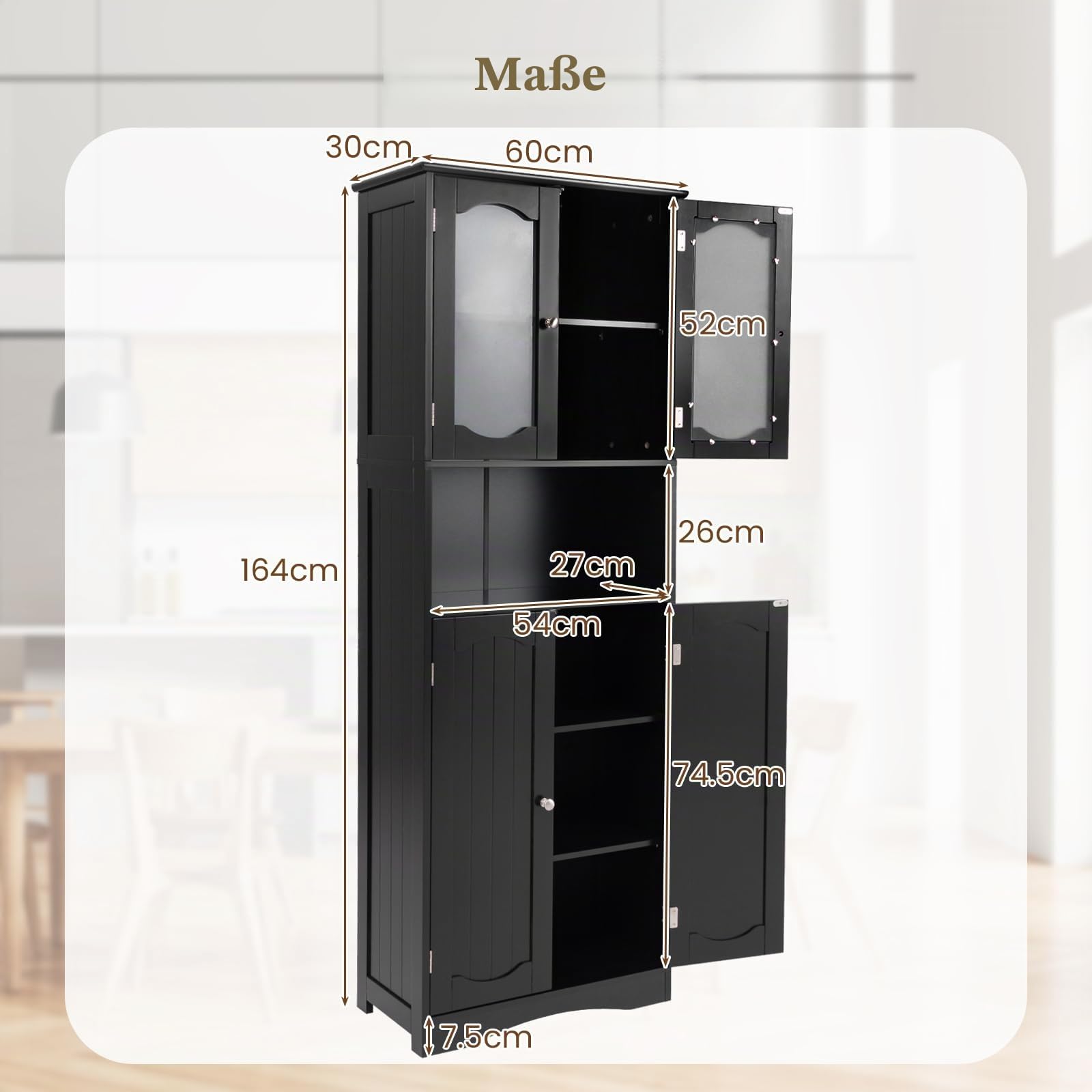 LIFEZEAL Hochschrank, Freistehender Badezimmerschrank mit Glastüren, Badschrank mit verstellbaren Regalen, Aufbewahrungs-Organizer für Küche, Wohnzimmer, Büro, 60 x 30 x 164 cm (Schwarz)