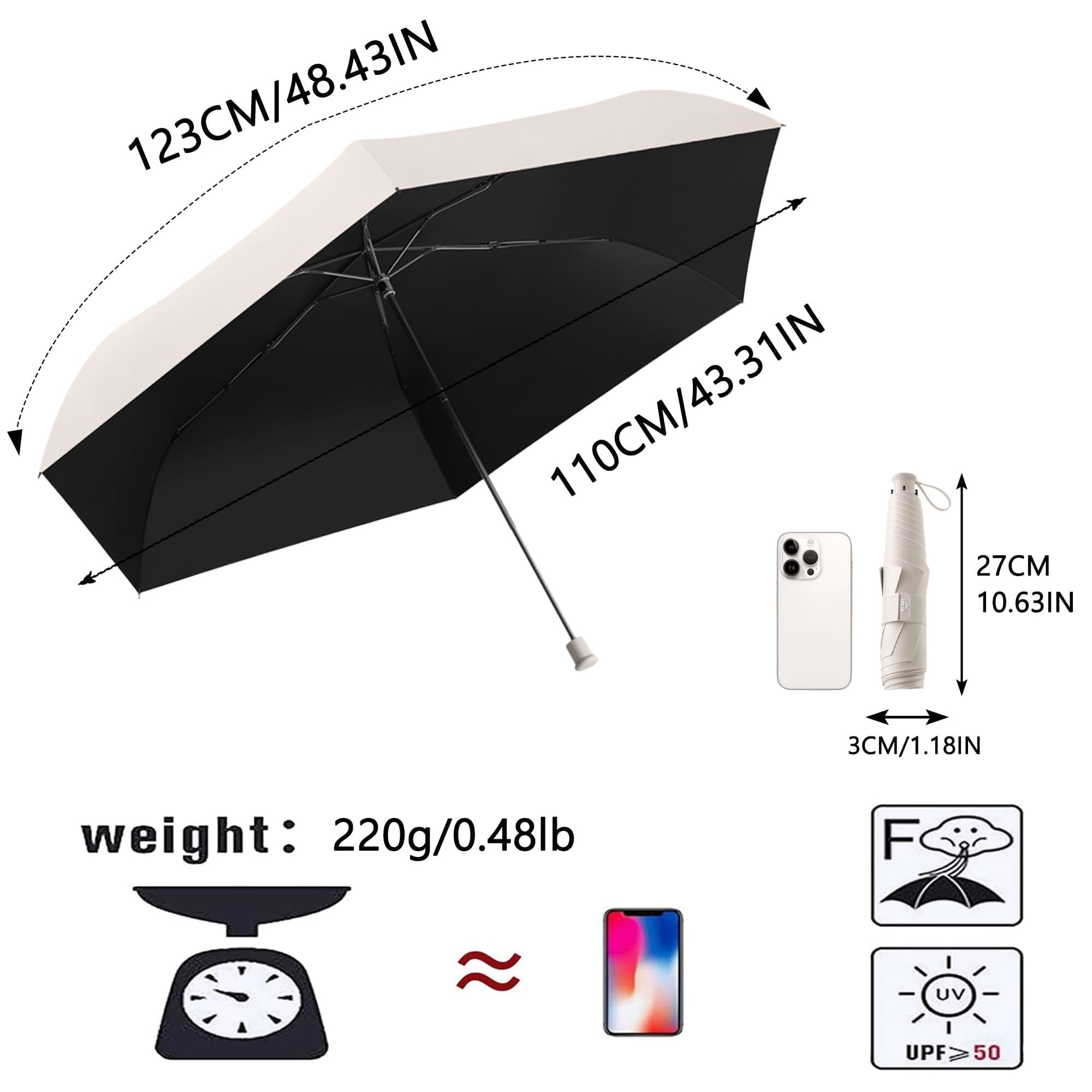 Ultra-Léger/Fin Parapluie Pliable Extra-Large Compact de Voyage, Anti-UV UPF50+, Soleil/Pluie,Portable, Canopée de 110cm, Ceinture de 3cm Large, 6 Baleines, Hommes/Femmes/Enfants, Sac à dos/Véhicule