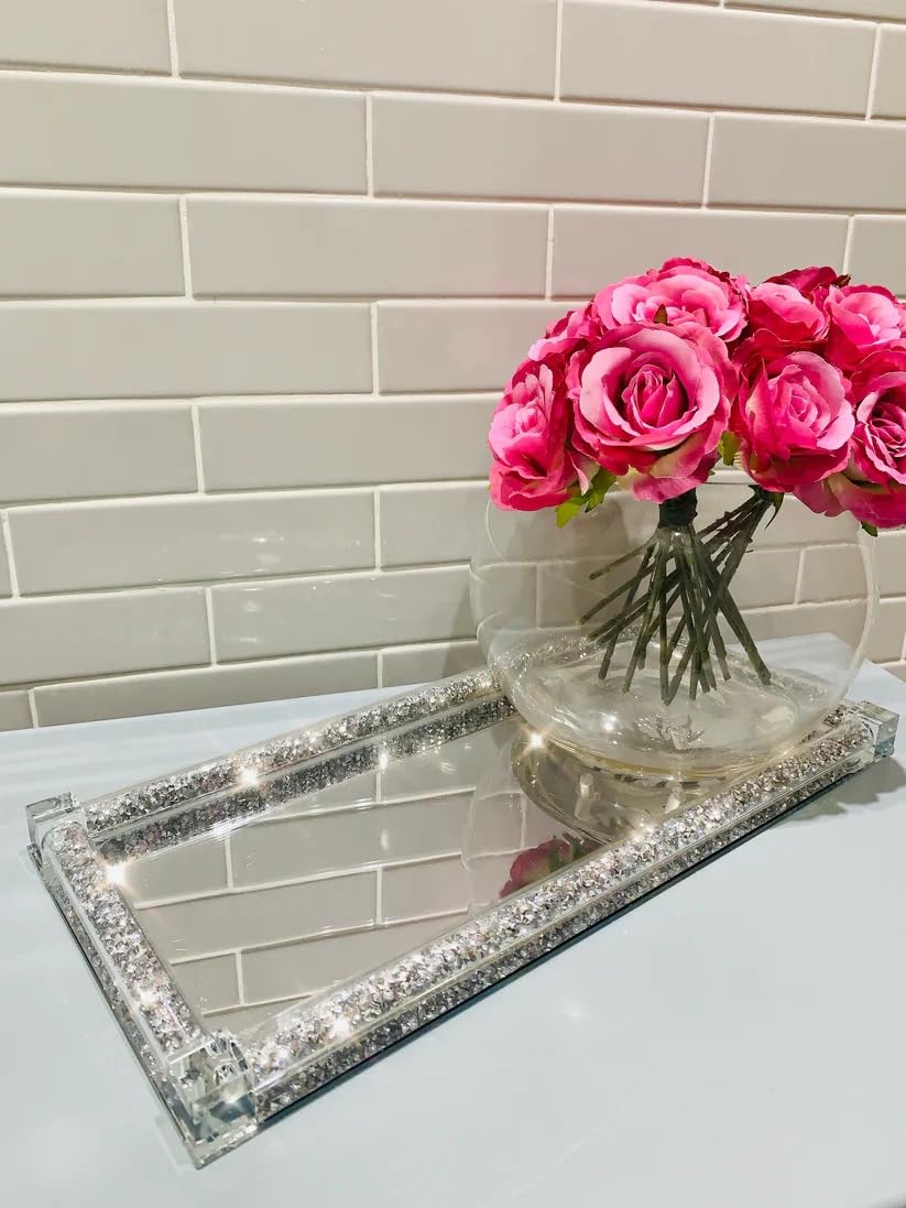 Crushed Diamond Tray Decor, Silver, 39x18cm, Crystal Filled Mirror Vanity Tray, Home Decor