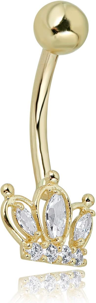 AVORA 10K Gold Simulated Diamond CZ Tiara Crown Belly Button Ring Body Jewelry (14 Gauge)
