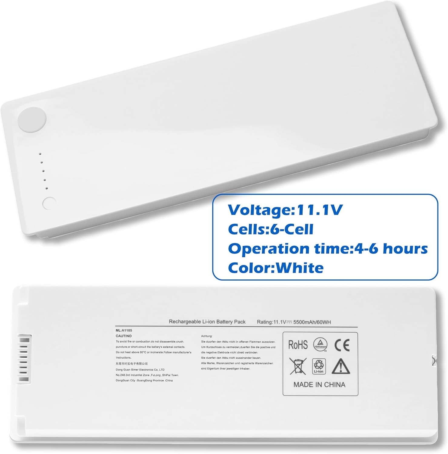 60Wh A1185 Laptop Battery for Apple MacBook 13" A1181 MA561 MA561FE/A MA561G/A MA561J/A MA254 MA255 MB402 MA566 MA699 MA700 MB061 MB062 (Mid/Late 2006 2007) Early/Late 2008, Early/Mid 2009