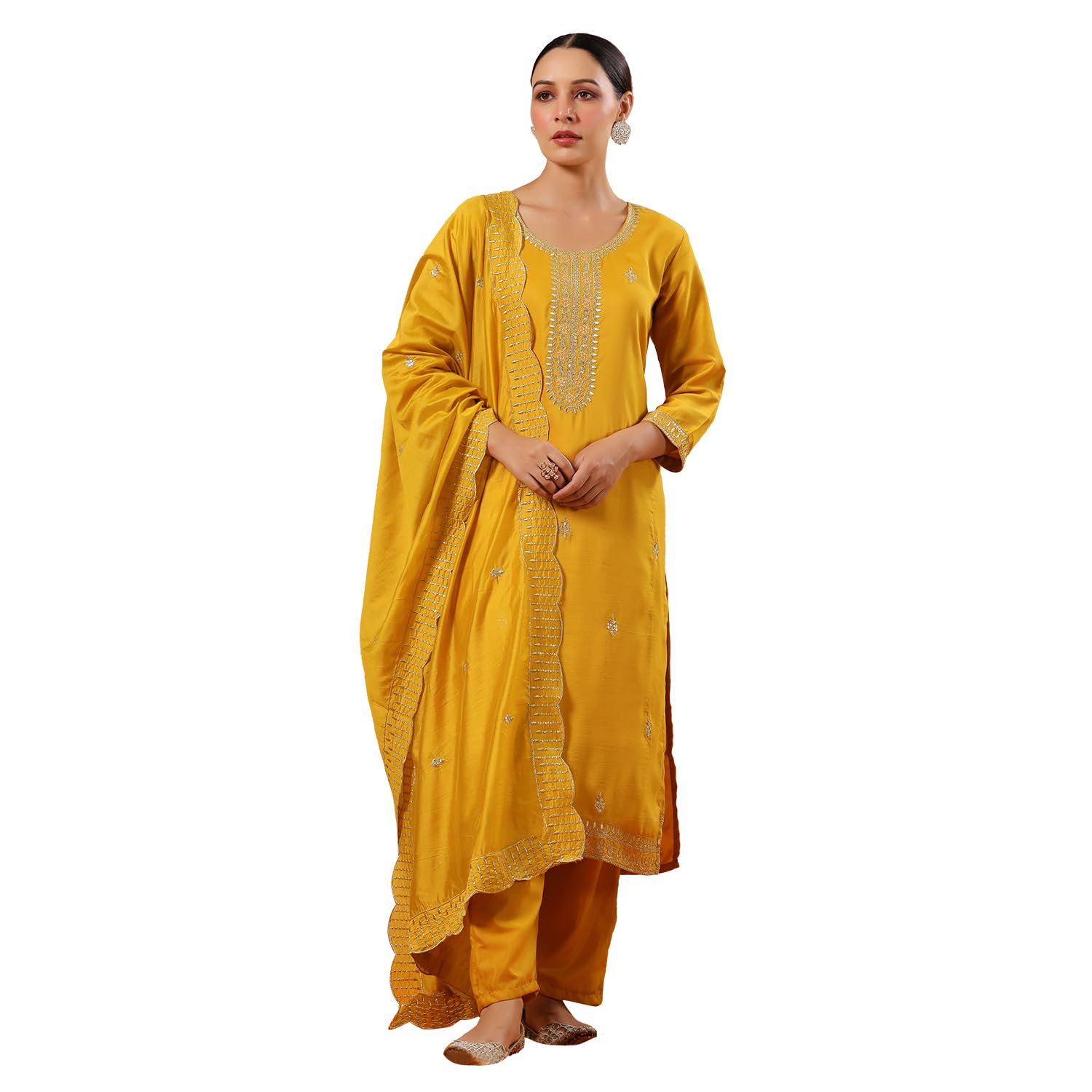 ishin Set da donna in poliestere seta etnica Zari senape dritto kurta con pantaloni e Dupatta