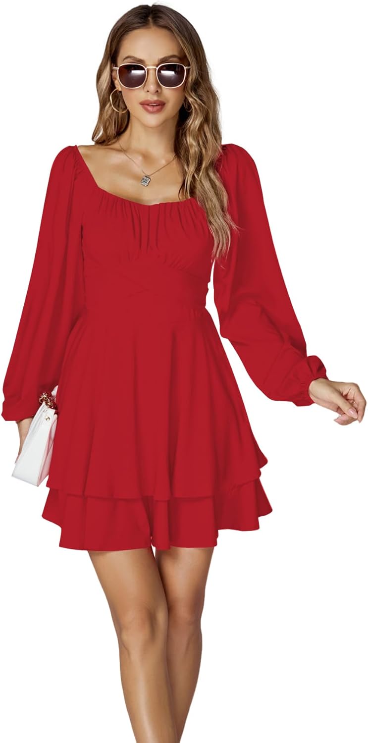 LYANER Women's Lantern Long Sleeve Wrap Tie Back Square Neck Double Layer Ruffle Hem A Line Short Mini Dress - Image 5
