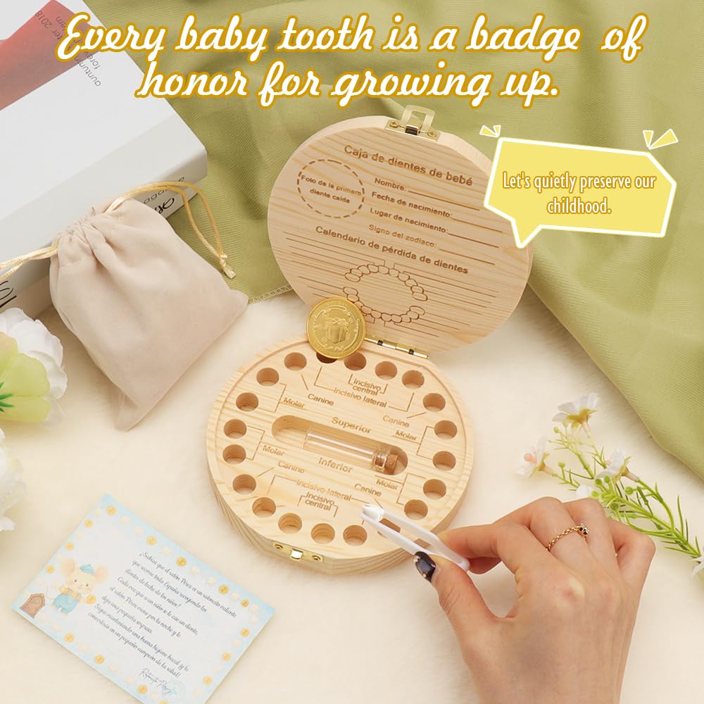 WALLFID Caja Dientes de Leche Ratoncito Pérez para Niño y Niña, Cajita de Madera con Motivo Ratón Colorido, Incluye Tarjeta y Moneda,Acumulación de Dientes — view 4