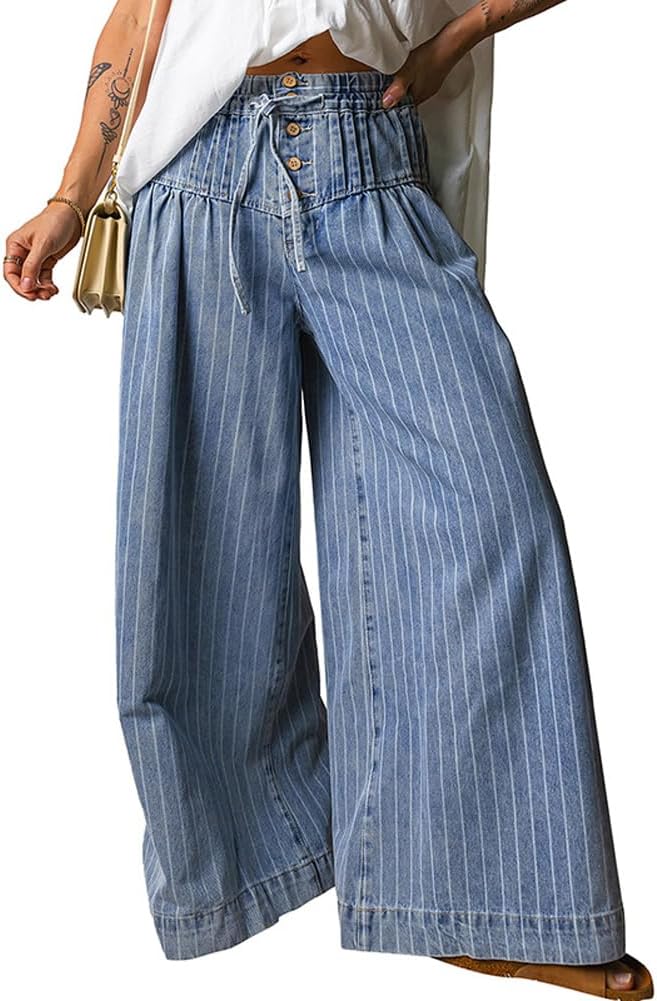 chouyatou Women's Baggy High Waist Striped Denim Pant Boyfriend Y2k Pleated Flared Wide Leg Culotte Jeans