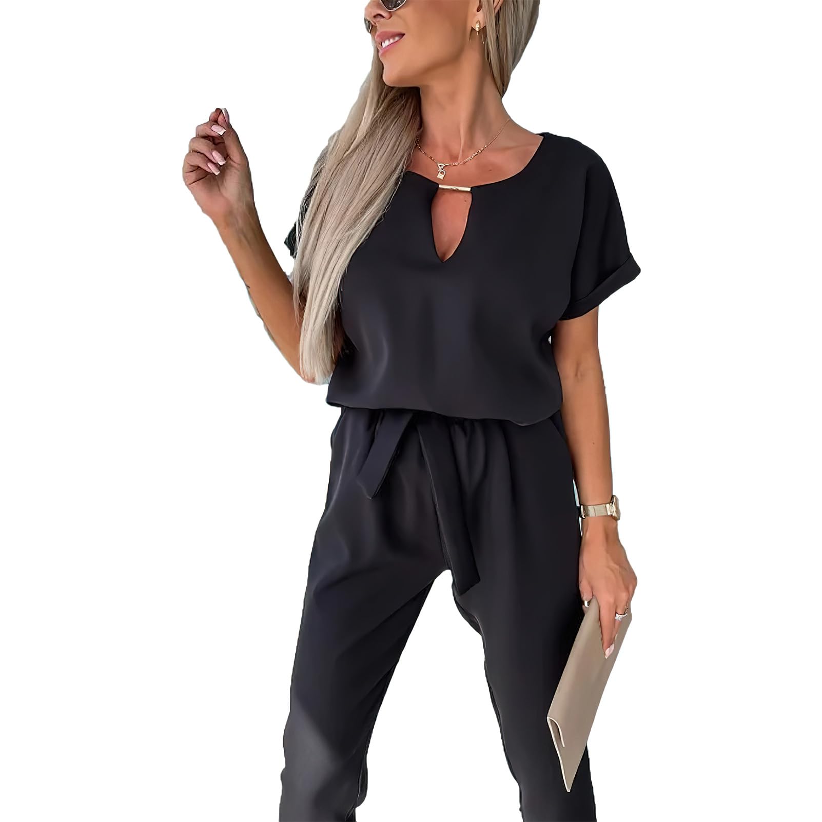 amropi Femmes Combinaison Manches Courtes Col V Jumpsuit Élégant Pantalon Casual Combishort avec Ceinture