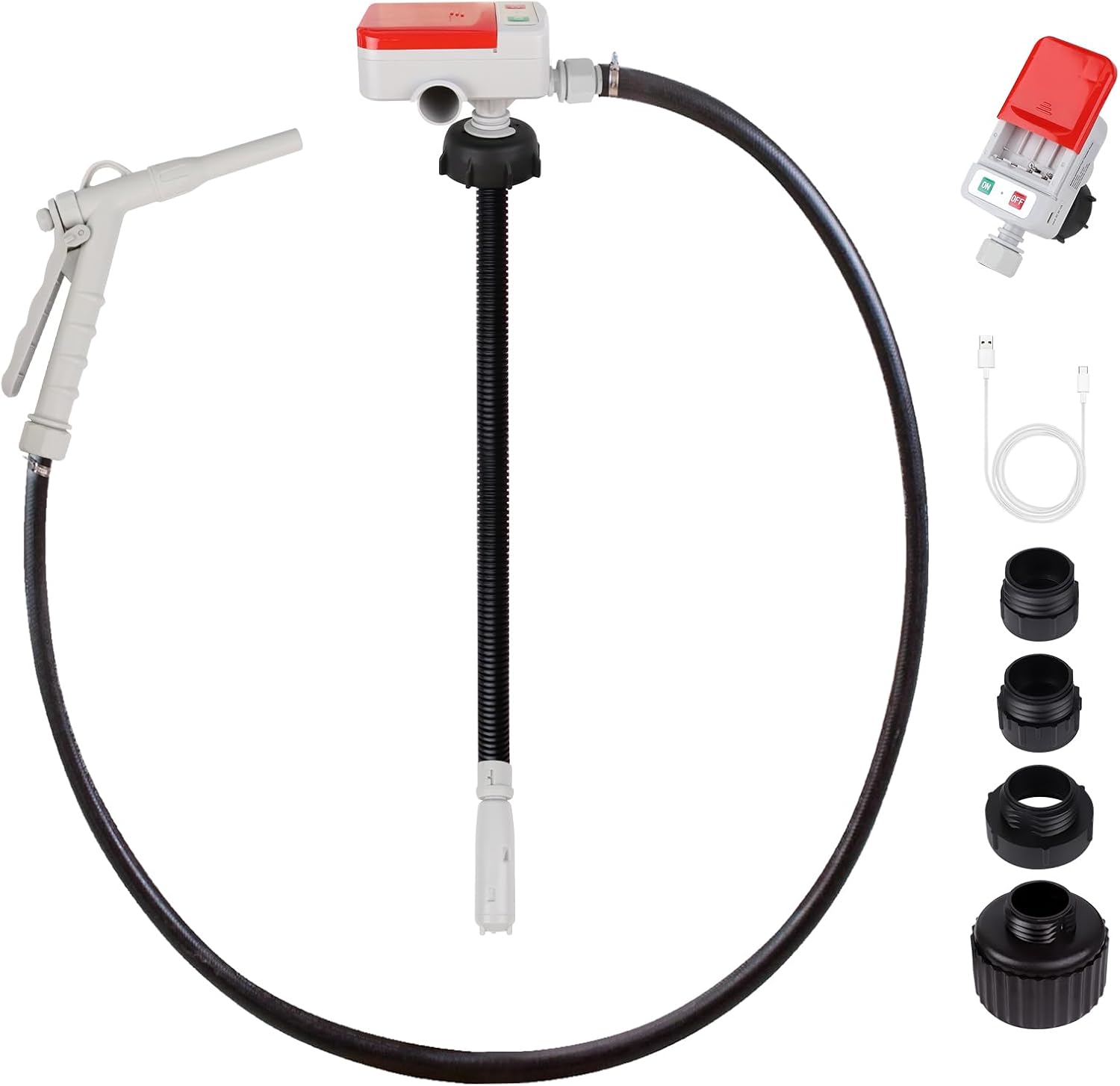 Fuel Transfer Pump (3.2GPM) with Hand Nozzle for Quick Stop Flow Control, 51" Hose Automatic Gas Pump with 4 Gas Can Fittings, USB and Battery Powered Portable Siphon Pump for Oil, Gasoline, Diesel