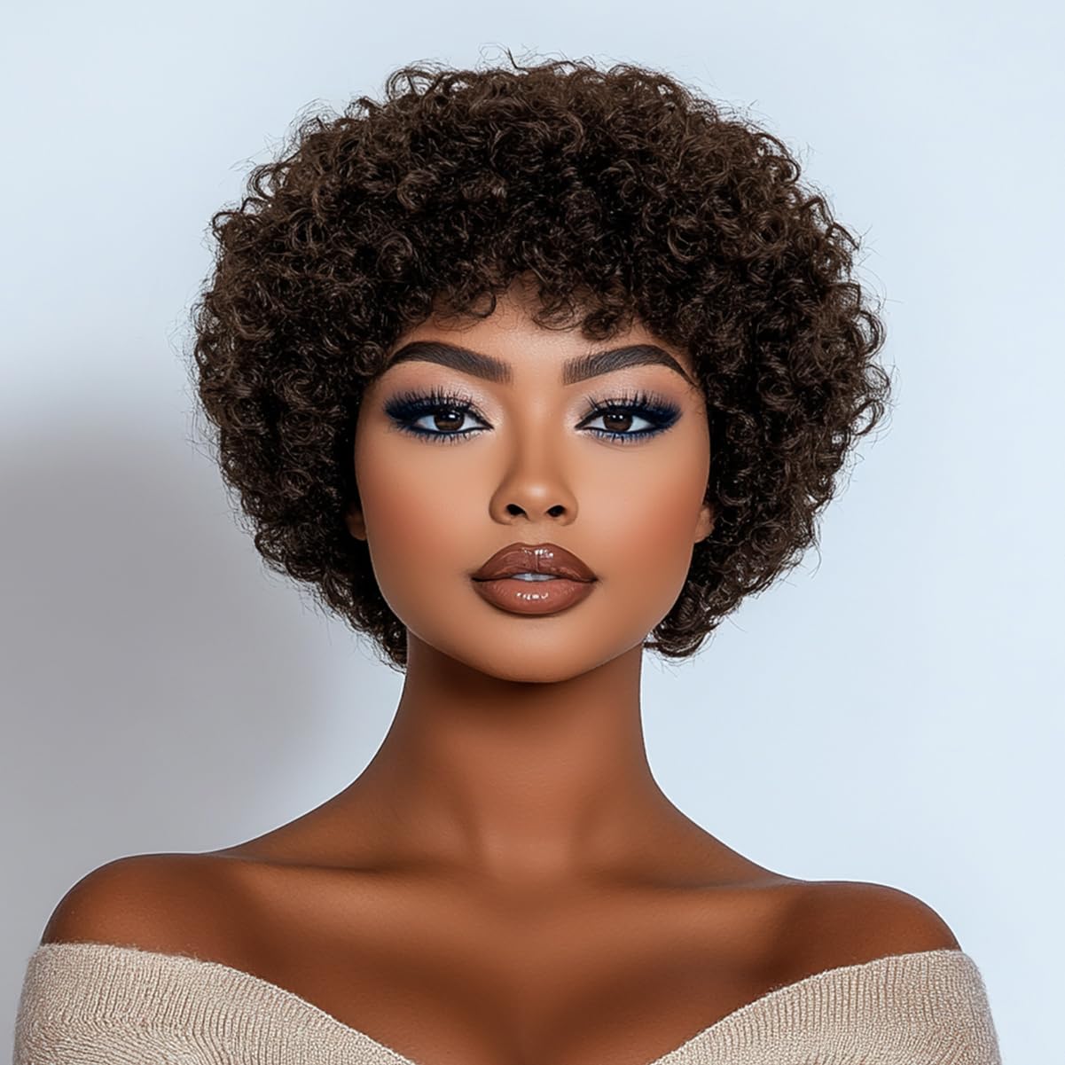 Rebecca Fashion Short Curly Wigs for Black Women Human Hair Non Lace Glueless Wigs Short Curly Human Hair Wigs with Bangs Brazilian Virgin Human Hair