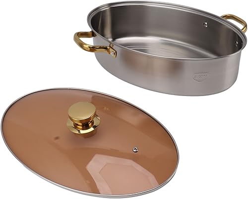 Miniatura 6 de Vaporizador de pescado de acero inoxidable, olla ovalada resistente con tapa de sartén de cerámica, olla de cocina multiusos para cocinar sopa de