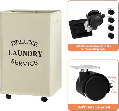 WOWLIVE 90L Large Collapsible Laundry Hamper with Wheels - Foldable Rectangular Hampers (Beige)