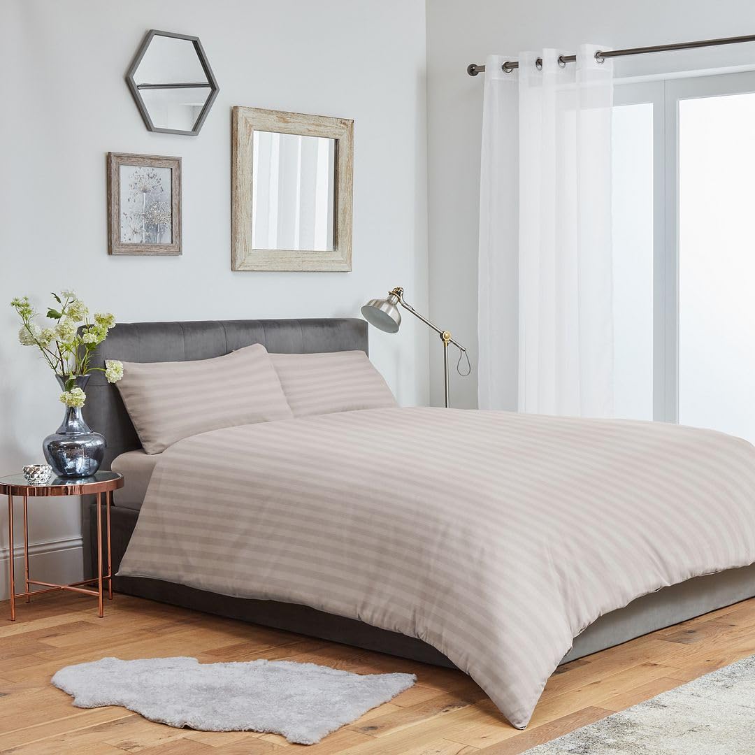 John Aird Striped Microfibre Plain Duvet Cover With Pillowcases (King, Mink Stone)