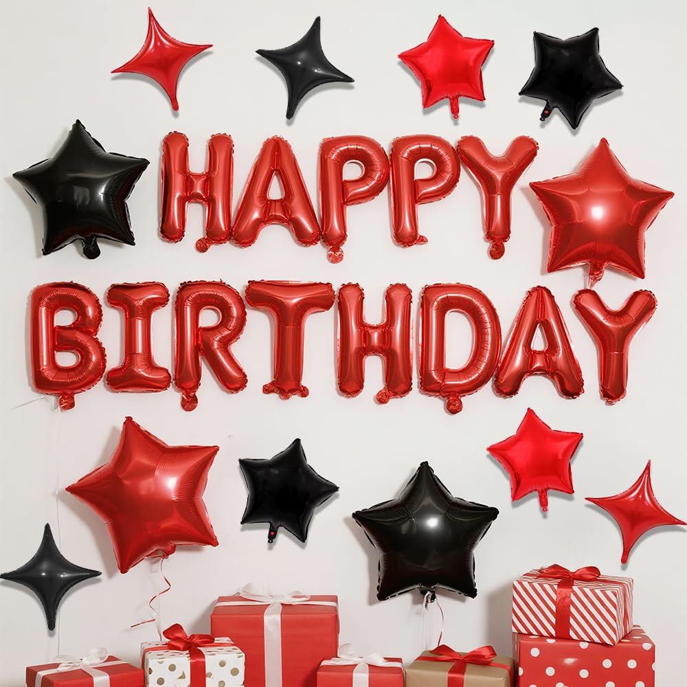 Happy Birthday Balloons - Black and Silver Foil Balloons Set with Letters and Stars, Reusable Party Decorations for Men Women, Includes Inflation Tools (16+18+10)