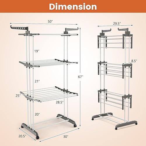 Miniatura 7 de Moccha Escurridor de ropa de 4 niveles, estante de secado plegable con 4 ruedas, 24 postes de secado y 2 alas laterales giratorias para ropa,