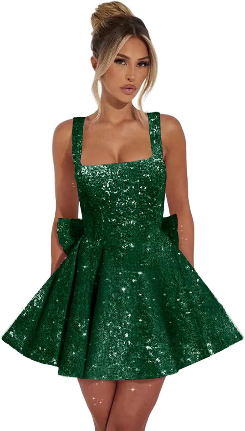 LORIE Sparkly Short Homecoming Dresses with Bow Square Neck A-Line HOCO Dress 2026 Cocktail Party Gowns