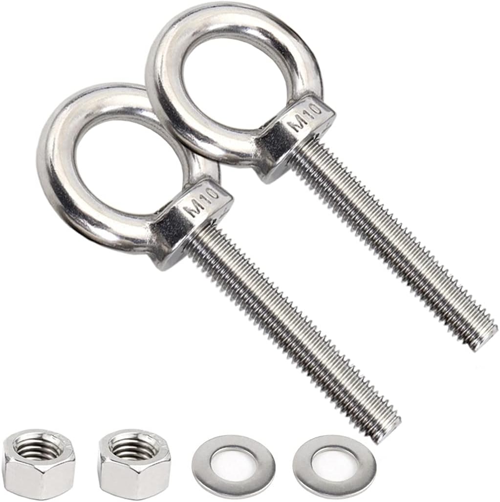 Stainless Steel Eye Bolts, 2 Pack M10 Shoulder Bolt 3/8" x 2" Heavy Duty Bolt Screws Lifting Ring with Washer and Nut on Eye Hooks Eyebolt