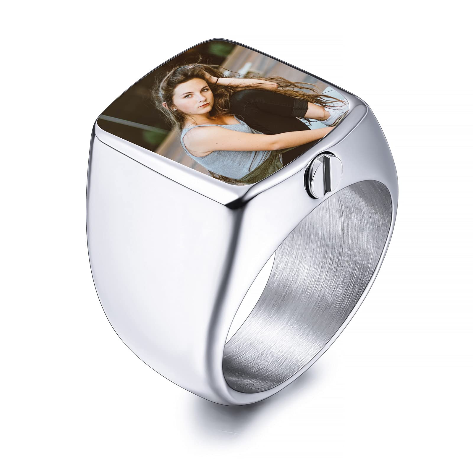 INBLUE Personalized Stainless Steel Cremation Urn Signet Ring for Men Women Pet Customized Color Photo Ashes Holder Memorial Jewelry with Funnel Kit (Silver Size R)
