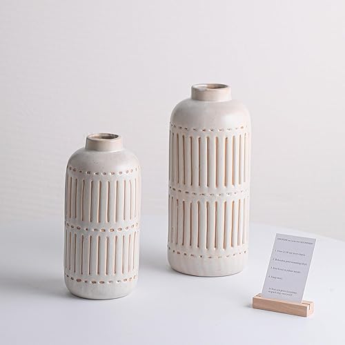 Miniatura 3 de Juego de 2 jarrones de cerámica rústica para sala de estar, dormitorio, casa de campo, jarrones de flores de 11.22 y 9.25 pulgadas para decoración