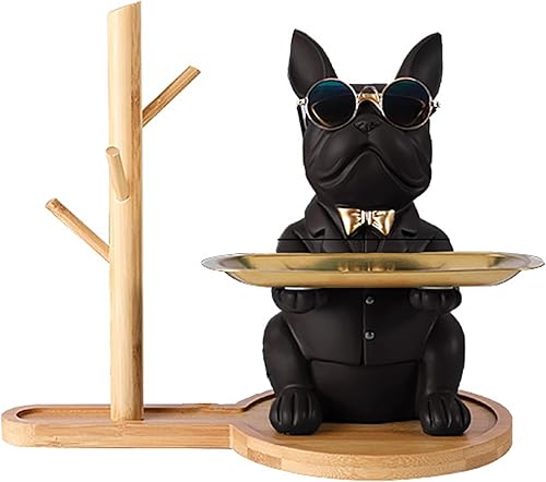 Shinpuru Estatua de bulldog francés con organizador colgante de madera de 3 niveles, bandeja de escultura de bulldog de resina alcancía