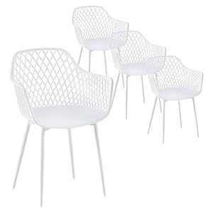 Juego de 4 sillas de comedor con reposabrazos, respaldo de patas metálicas para cocina, asiento de plástico, color blanco