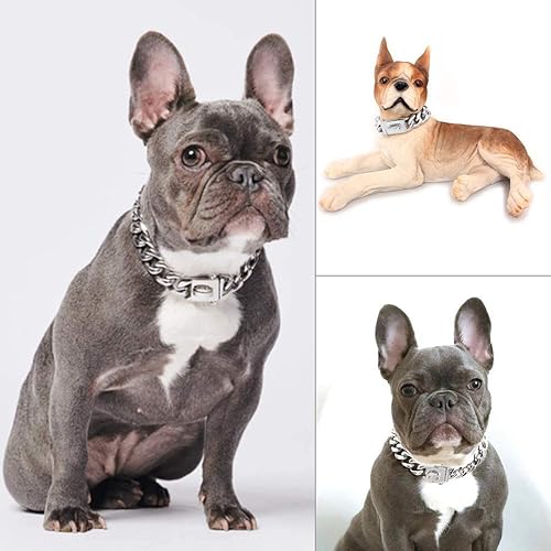 Miniatura 2 de Collar de perro de eslabones cubanos de lujo plateado, dije personalizado de acero inoxidable con grabado personalizado para perros pequeños,