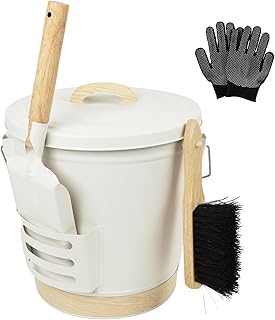Cream White 5.2 Gal Metal Fireplace Ash Bucket, Lid & Shovel